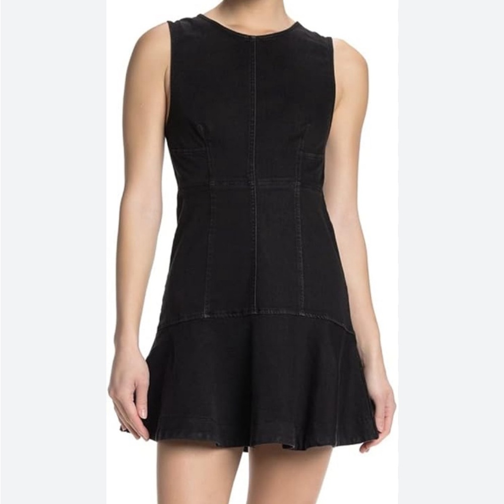 Free People Black Alex Denim Peplum Boho Minimalist Mini Stretch Jumper Sz 6
